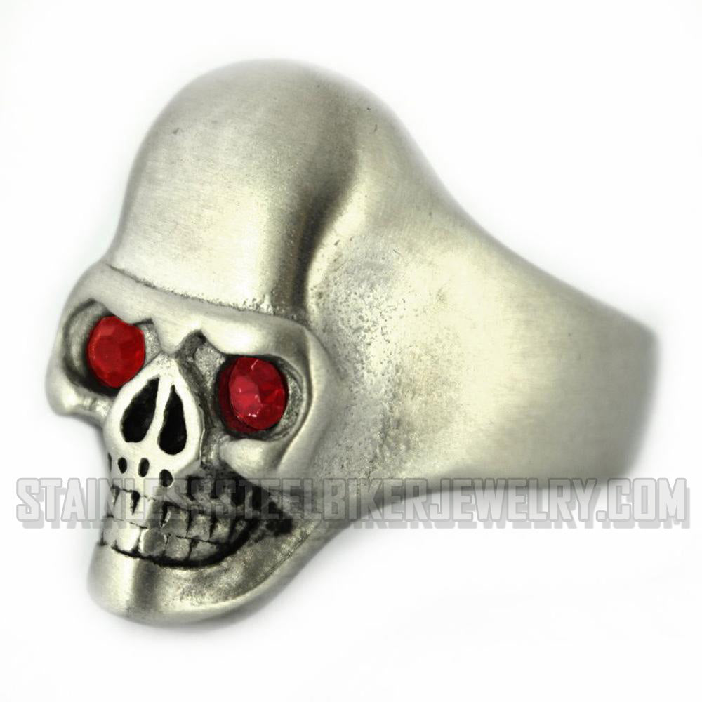 Heavy Metal Jewelry Men's Brushed Skull Ring Stainless Steel Red Eyes