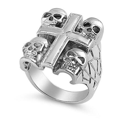 Skulls on a Cross Ring Old School Biker Ring Stainless Steel SR34