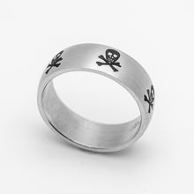 Load image into Gallery viewer, Skulls &amp; Crossbones Ring on Brushed Satin Stainless Steel Band SR54