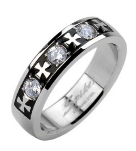 Celtic Iron Cross & Triple Gemstone Ring Unisex Wedding Band Stainless Steel SR61