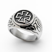 Load image into Gallery viewer, Men&#39;s Iron Cross Stainless Steel Biker Ring with Flames