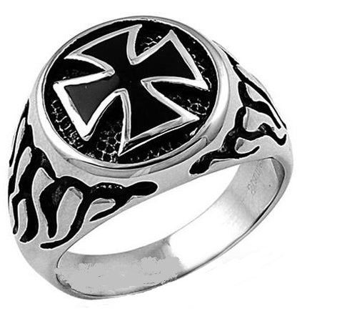 Men's Iron Cross Stainless Steel Biker Ring with Flames