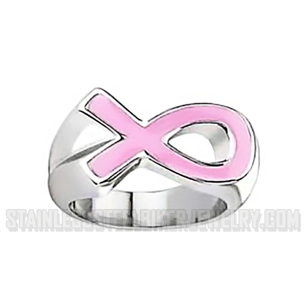 Biker Jewelry Ladies Pink Ribbon Awareness Ring Stainless Steel