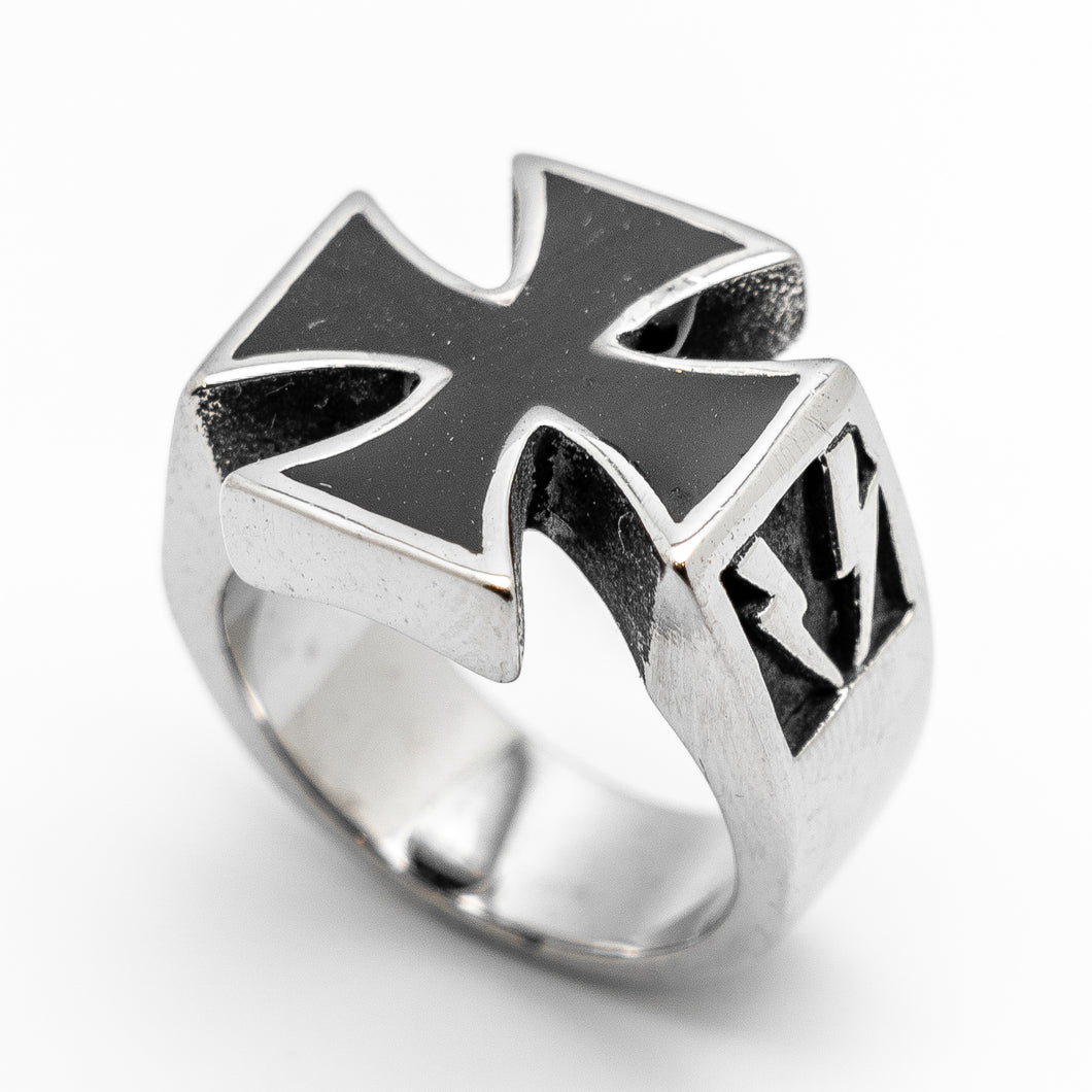 Biker Jewelry Men's Black Enamel Iron Cross Stainless Steel Ring