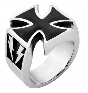 Biker Jewelry Men's Black Enamel Iron Cross Stainless Steel Ring