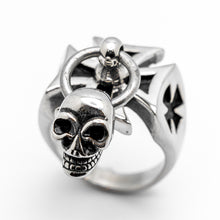 Load image into Gallery viewer, Men’s Biker Ring Iron Cross with Dangling Skull Stainless Steel